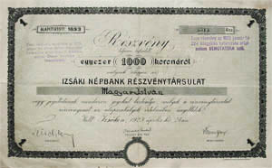 Izsáki Népbank Részvénytársulat részvény 1000 korona 1923