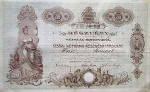 Izsáki Népbank Részvénytársulat részvény 200 korona 1905 Izsák