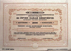 Jászberényi Gazdasági Takarékpénztár Részvénytársaság részvény 100000 korona 1925