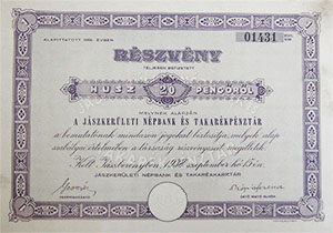 Jászkerületi Népbank és Takarékpénztár részvény 20 pengő 1938 Jászberény