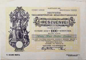 Jászvidéki Takarékpénztár Részvénytársaság részvény 1000 korona 1923 Jászkisér