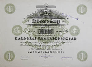 Kalocsai Takarékpénztár részvény 50 pengő 1926 Kalocsa