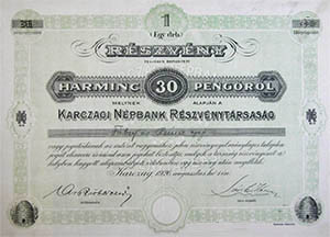 Karczagi Népbank Részvénytársaság részvény 30 pengő 1926 Karcag