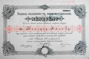 Kassai Jelzálogbank Részvénytársaság részvény 200 korona 1898 Kassa