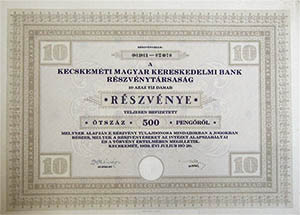 Kecskeméti Magyar Kereskedelmi Bank Részvénytársaság részvény 10x50 500 pengő 1939 Kecskemét