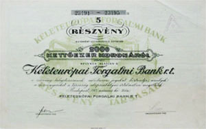 Keleteurópai Forgalmi Bank Részvénytársaság részvény 5x400 korona 1921