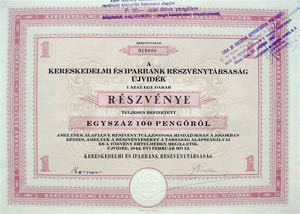 Kereskedelmi És Iparbank Részvénytársaság Újvidék részvény 100 pengő 1942
