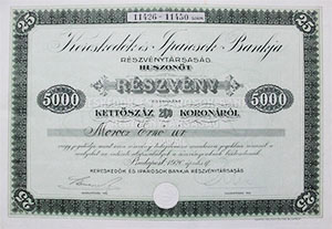 Kereskedők és Iparosok Bankja Részvénytársaság részvény 25x200 5000 korona 1920