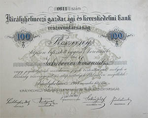 Királyhelmeczi Gazdasági és Kereskedelmi Bank Részvénytársaság részvény 100 korona 1904