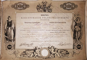 Kisbirtokosok Földhitelintézete Pesten részvény-igazolvány 200 forint 1873