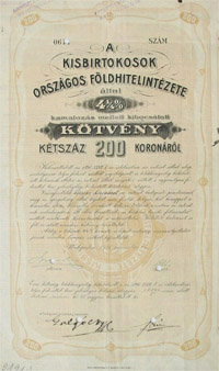 Kisbirtokosok Országos Földhitelintézete kötvény 200 korona 1905
