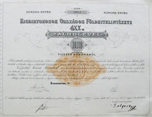 Kisbirtokosok Országos Földhitelintézete záloglevél 10000 korona 1906
