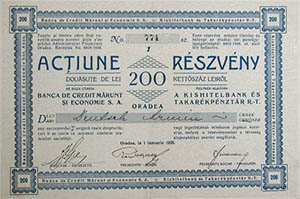 Kishitelbank és Takarékpénztár Részvénytársaság részvény 200 lei 1928 Nagyvárad