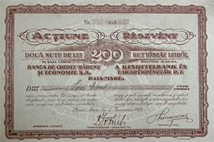 Kishitelbank és Takarékpénztár Részvénytársaság részvény 200 lei 1929 Nagybánya