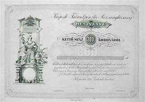 Kispesti Takarékpénztár Részvénytársaság részvény 200 korona 1895