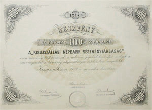 Kisujszállási Népbank Részvénytársaság részvény 100 korona 1910