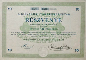 Kisvárdai Takarékpénztár részvény 100 pengő 1927