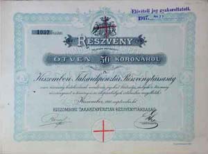 Kiszombori Takarékpénztár Részvénytársaság részvény 50 korona 1910