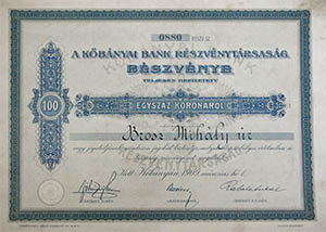 Kőbányai Bank Részvénytársaság részvény 100 korona 1909 Kőbánya