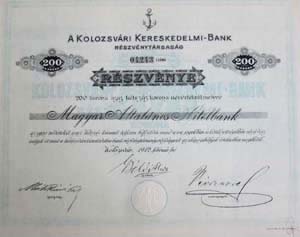 Kolozsvári Kereskedelmi Bank Részvénytársaság részvény 200 korona 1912