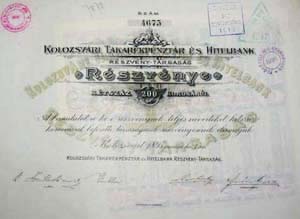 Kolozsvári Takarékpénztár és Hitelbank Részvénytársaság részvény 200 korona 1895 Kolozsvár