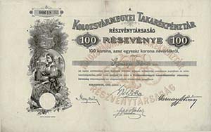 Kolozsvármegyei Takarékpénztár Részvénytársaság részvény 100 korona 1895