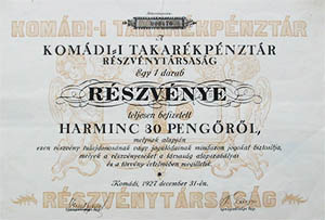 Komádi Takarékpénztár Részvénytársaság részvény 30 pengő 1927 Komádi