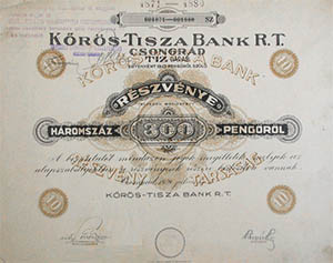 Kőrös-Tisza Bank Részvénytársaság részvény 10x30 300 pengő 1929  Csongrád