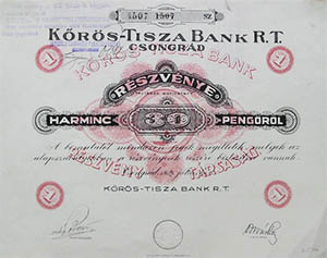 Kőrös-Tisza Bank Részvénytársaság részvény 30 pengő 1929 Csongrád