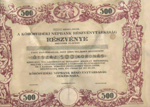 Kőrösvidéki Népbank Részvénytársaság részvény 500 korona 1922 Békéscsaba MINTA KNER