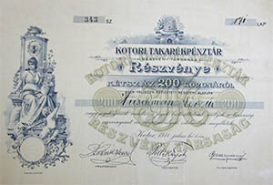 Kotori Takarékpénztár Részvénytársaság részvény 200 korona 1911 Kotor
