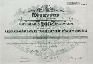 Közgazdasági Bank és Takarékpénztár Részvénytársaság részvény 200 korona 1917