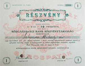 Közgazdasági Bank Részvénytársaság Sárospatak részvény 10 pengő 1926