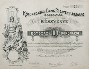 Közgazdasági Bank Részvénytársaság Bácsalmás részvény 100 korona 1911