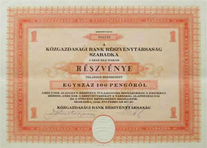 Közgazdasági Bank Részvénytársaság Szabadka részvény 100 pengő 1942