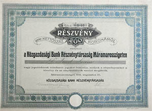 Közgazdasági Bank Részvénytársaság Máramarossziget részvény 200 korona 1911