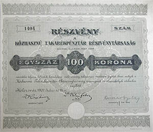 Közhasznú Takarékpénztár Részvénytársaság részvény 100 korona 1907 Kolozsvár