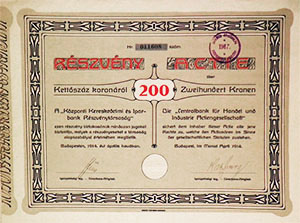 Központi Kereskedelmi és Iparbank Részvénytársaság részvény 200 korona 1914
