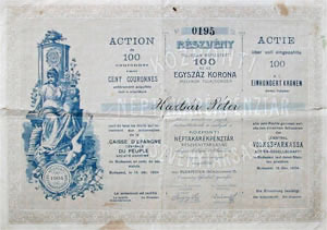 Központi Néptakarékpénztár Részvénytársaság részvény 100 korona 1904