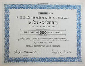 Küküllői Takarékpénztár Részvénytársaság Segesvár részvény 500 lei 1925