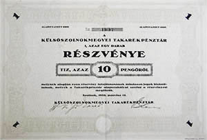 Külsőszolnokmegyei Takarékpénztár Részvénytársaság Szolnok részvény 10 pengő 1926