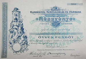 Kunhegyesi Kereskedelmi és Iparbank Részvénytársaság részvény 50 pengő 1927 Kunhegyes