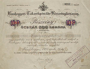 Kunhegyesi Takarékpénztár Részvénytársaság részvény 500 korona 1923 Kunhegyes