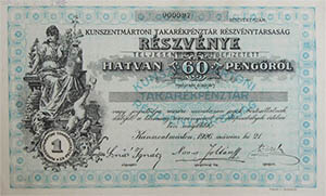 Kunszentmártoni Takarékpénztár Részvénytársaság részvény 60 pengő 1926 Kunszentmárton