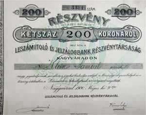 Leszámitoló és Jelzálogbank Részvénytársaság részvény 200 korona 1906 Nagyvárad