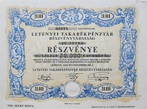 Letenyei Takarékpénztár Részvénytársaság részvény 20000 korona 1924 MINTA