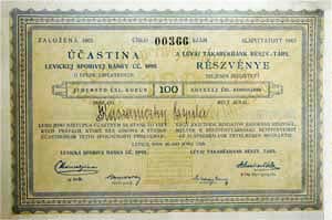 Lévai Takarékbank Részvénytársaság részvény 100 korona 1928 Léva