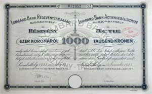 Lombard Bank Részvénytársaság részvény 1000 korona 1923 Szombathely
