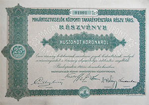 Magántisztviselők Központi Takarékpénztára Részvénytársaság részvény 25 korona 1911
