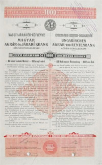 Magyar Agrár- és Járadékbank Részvénytársaság vasúti járadék kötvény 1000 korona 1911